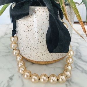Faux pearl & black ribbon necklace